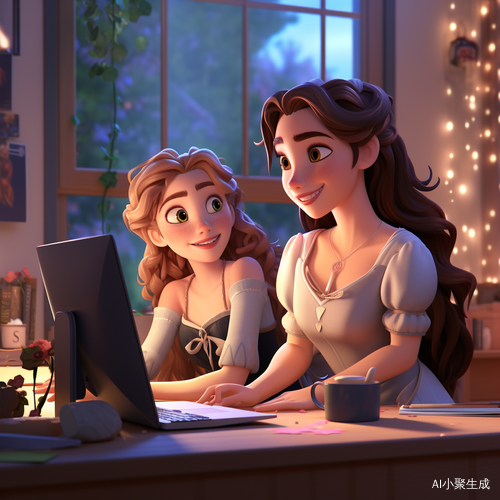 Disney Animated, 2 Ladies in Discussion, Looking at Computer, Office Morning Soft Lighting