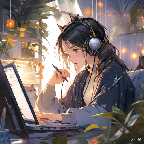 Charming Anime Style Illustration of Female with Laptop