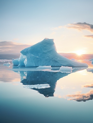 landscape,photography，a,calm,ocean,stretching,out,as,far,as,the,eye,can,see.,In,the,distance,,there,is,a,majestic,iceberg,,glistening,under,the,warm,sunlight.,The,colors,are,minimalistic,,with,shades,of,blue,and,white,dominating,the,scene.,The,focus,is,on,the,serene,atmosphere,,capturing,the,tranquility,and,beauty,of,the,ocean,and,the,icebergs,ar,3:4,v,5.2