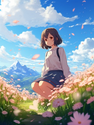 a,girl,standing,on,the,mountain,,full,of,flower,petals,all,over,the,ground,,sunny,afternoon,,spring,flower,time,,soft,lighting,,relaxing,mood,,makoto,shinkai,,big,cloud,,extra,wide,and,long,shot,,8k,best,quality,,super,detail,,Ultra,HD,ar,3:4