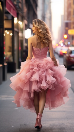 2023 American Woman Walks in Movie-Style Pink Puffy Dress