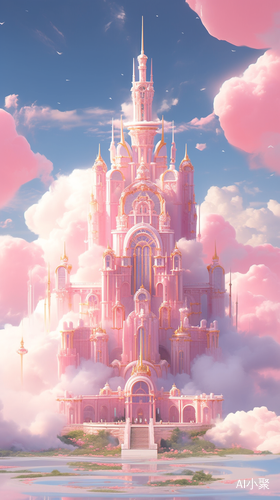 Mysterious and Majestic Pink Buildings in Dreamy Clouds