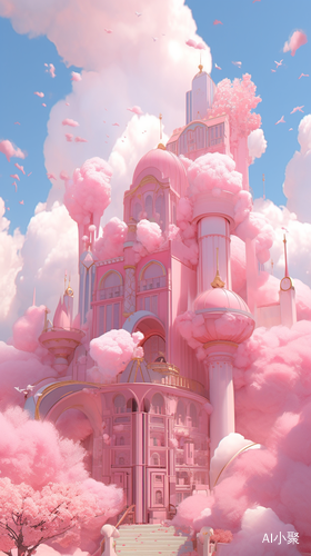 Mysterious and Majestic Pink Buildings in Dreamy Clouds