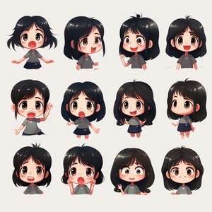 a,cute,little,girl,with,black,hair,,happy,face，wearing,a,t,-,s,hirt,,emoticon,bag,,9,emoticons,,emoticon,Symbol,table,,multiple,postures,and,expressions,,anthropomorphic,style,,different,emotions,,multiple,poss,and,expressions,,8k,ar,3:4s,750,niji,5