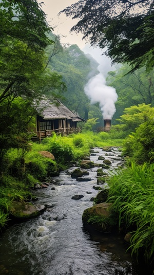 乡村的一间茅草屋，茅草屋顶烟筒冒烟，远景，竹林环绕，平缓的山溪潺潺，烟雨蒙蒙，光线明亮，景深，广角，高清超细节，华为MP60手机摄影效果，茅草屋外有条小溪，溪水特别清澈，有对情侣在溪边接吻