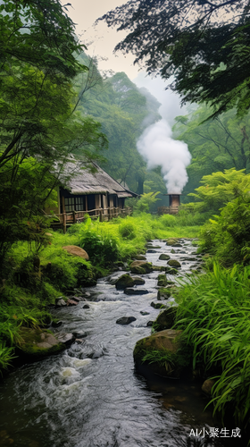 乡村茅草屋与清澈小溪，远景烟雨中的浪漫爱情