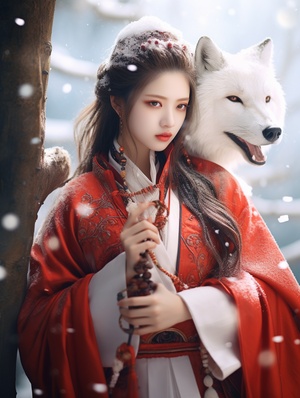 汉服女生抱狐狸，在雪地中的远景