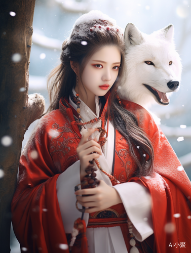 汉服女生抱狐狸，在雪地中的远景