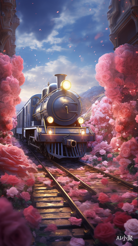 A Beautiful Train Surrounded by Pink Roses