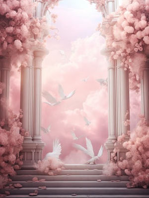 Digital Art: Opulent Architecture and Ethereal Cloudscapes on Pink Paper Frame