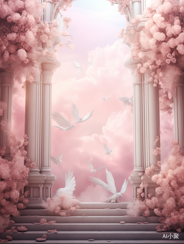 Digital Art: Opulent Architecture and Ethereal Cloudscapes on Pink Paper Frame