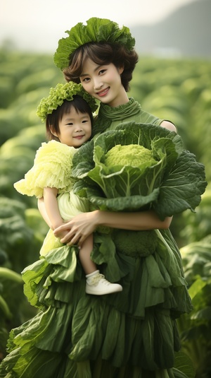 青菜叶时装，中国美女，怀里抱着小孩，青菜叶制成的时尚裙子，菜叶领，菜叶发饰，微笑站在菜地，8k，超详细，超时尚，