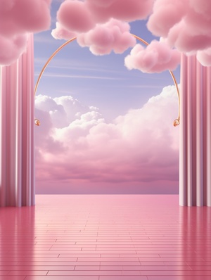 Stage Seaside Design with Clouds and Fog: Futuristic Fantasy Scenes in 3D Animation Style