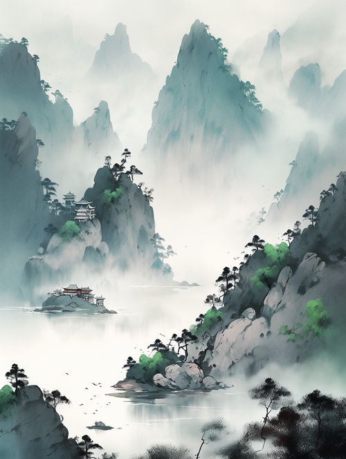 长江，山峰，碧绿的长江水从两座高耸的山峰中间流过，中国山水画，水墨风，中国插画风，超高清