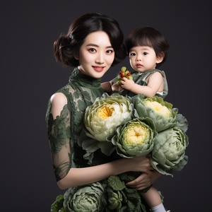 At,the,cabbage,fashion,show,in,the,field,,a,pair,of,beautiful,and,exquisite,Chinese,mothers,who,look,exactly,like,Zhao,Liying,held,their,1-year-old,daughter,in,a,dress,made,of,cabbage.,The,mother,held,her,daughter.,The,cabbage,dress,was,exquisite,and,elegant,,with,a,green,,healthy,and,realistic,atmosphere.,The,beautiful,mother,and,daughter,are,perfectly,combined,with,cabbage,to,create,the,main,scene,,providing,surprising,cabbage,details,and,a,visual,feast.,The,background,is,the,sky,,distant,mountains,,villa