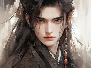 Oriental,boy,,Frontal,close-up,,an,20year,old,Chinese,man,with,beauty,face,,black,long,hair,,golden,hair,accessories,,dress,Tang,Dynasty,clothing,traditional,oil,painting,,chinese,painting,crazy,facial,close-up,,mysterious,beauty,high,and,cold,,elegant,,handsome.Rich,in,details,,best,quality,ar,3:4