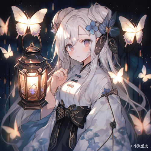 古风夜晚，白发蝴蝶