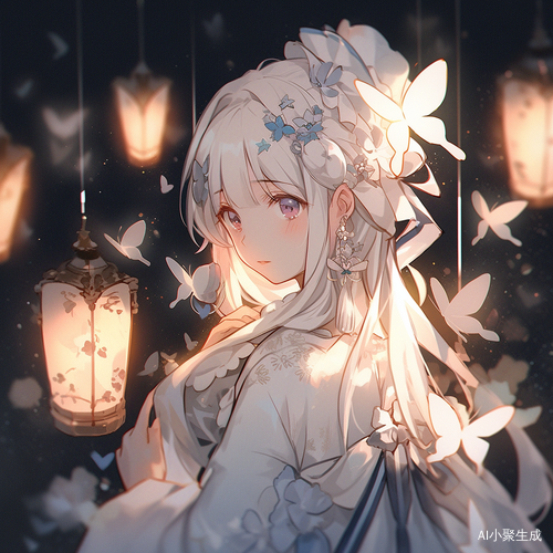 古风夜晚，白发蝴蝶