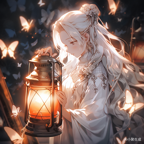 古风夜晚，白发蝴蝶