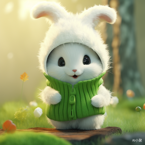 Super Cute Little Bunny in Fluffy Tail and White Sweater in Green Hat