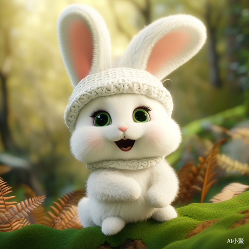 Super Cute Little Bunny in Fluffy Tail and White Sweater in Green Hat