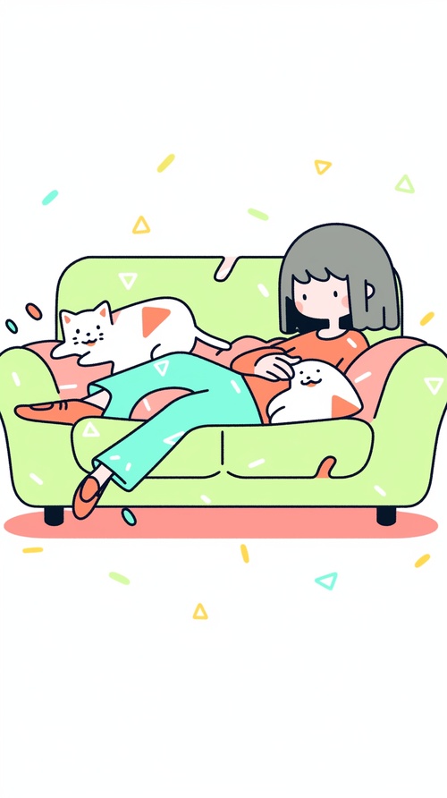 A,little,cute,girl,lying,on,the,sofa,,with,a,cute,cat,,doodle,in,the,style,of,Keith,Haring,,sharpie,illustration,,clean,bakground,,minimalism,niji,5s400