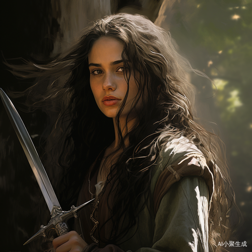 2003年奇幻冒险电影《指环王》中景拍摄长发女孩挥剑