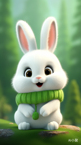 Super Cute Little Bunny in Fluffy Tail and White Sweater in Green Hat