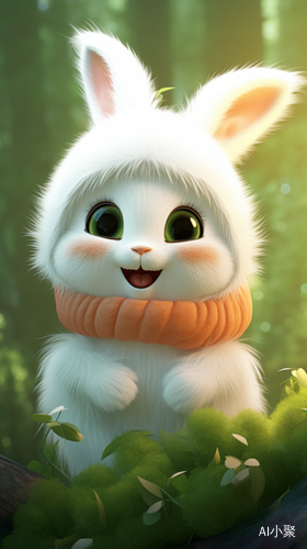 Super Cute Little Bunny in Fluffy Tail and White Sweater in Green Hat