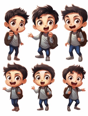 a,cute,little,boy,with,black,hair,,happy,face，wearing,a,t,-,s,hirt,,emoticon,bag,,9,emoticons,,emoticon,Symbol,table,,multiple,postures,and,expressions,,anthropomorphic,style,,different,emotions,,multiple,poss,and,expressions,,8k,ar,3:4s,750,niji,5