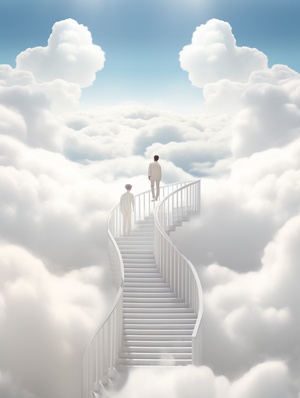 IIlustration,of,a,man,,cloud,staircase,,in,sculptural,architectural,style,,light,white,and,white,,atmospheric,installation,,religiousarchitecture,,minimalist,stage,design,ar,3:4,s750