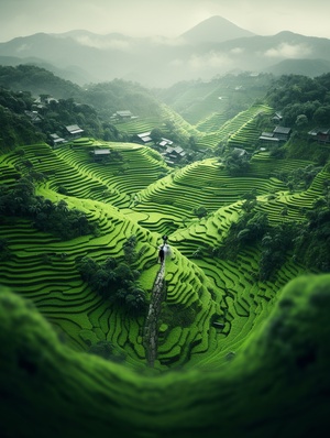 8KUHD Ultra-realistic Photography: White and Green Village with a Man Standing in Front of it