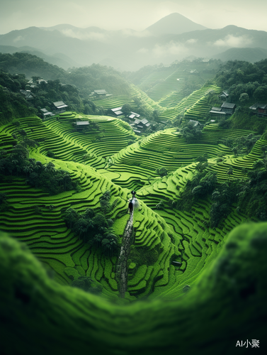 8KUHD Ultra-realistic Photography: White and Green Village with a Man Standing in Front of it