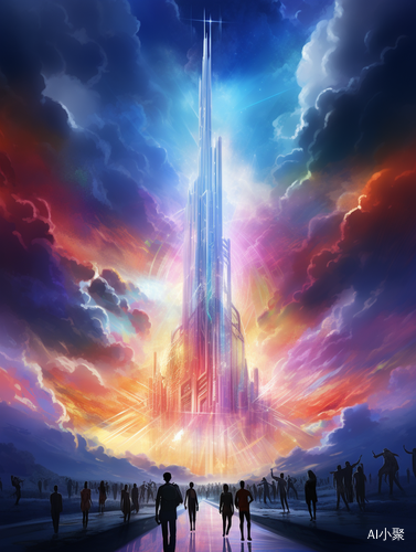 People Walking Around a Tall Colorful Tower in the Style of Lightningwave, Li Shuxing, Cai Guo-Qiang, RTX, Rainbowcore, Light Black and Silver AR 57:128