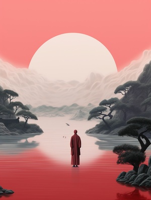 Hanfu man in Song Dynasty landscape painting