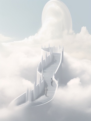 Man in Cloud Staircase: Sculptural Architectural & Religious Minimalist Design