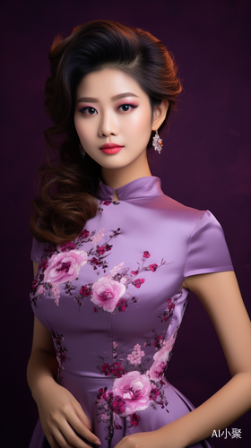 Beautiful Asian Woman in a Purple Dress Posing for a Picture