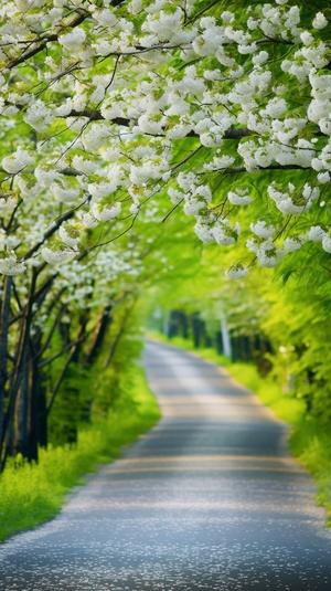 春天，古代的乡村小路，路两旁的小树上开满鲜花