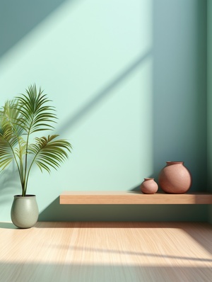 Minimal,wood,stage,for,show,product,oncement,floor,andsunlight,plant,shadow,on,mint,background,3d,render,ar,3:4s,50