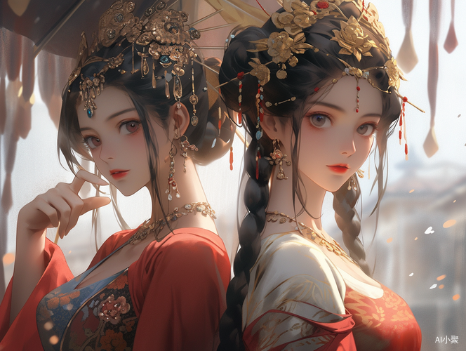 古风两位美女头戴饰品穿汉服的高清大师杰作