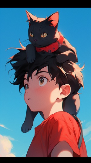 a,boy,,asian,face,,black,hair,,big,blue,eyes,,a,big,red,bow,on,the,head,,blue,sky,background,,a,cat,in,arms,,view,from,look,right,,high,resolution,,the,best,quality,,8k,niji,5