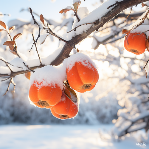 柿子树上的熟透柿子与积雪：严冬即至