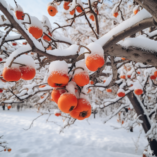 柿子树上的熟透柿子与积雪：严冬即至