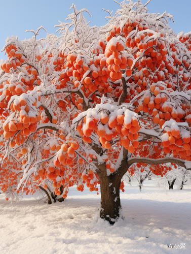 高大柿子树上积雪