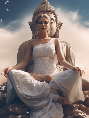 Realistic Photography Style: Girl Meditating in Front of Large Buddha Statue