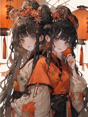 2girls,,artist_name,,bangs,,black_hair,,blunt_bangs,,bracelet,,candle,,chinese_clothes,,earrings,,hair_ornament,,hair_rings,,halloween,,holding,,jack-o'-lantern,,jewelry,,lantern,,long_sleeves,,looking_at_viewer,,multiple_girls,,paper_lantern,,pumpkin,,standing,,tassel,,watermark,,wide_sleeves