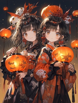 2girls,,artist_name,,bangs,,black_hair,,blunt_bangs,,bracelet,,candle,,chinese_clothes,,earrings,,hair_ornament,,hair_rings,,halloween,,holding,,jack-o'-lantern,,jewelry,,lantern,,long_sleeves,,looking_at_viewer,,multiple_girls,,paper_lantern,,pumpkin,,standing,,tassel,,watermark,,wide_sleeves