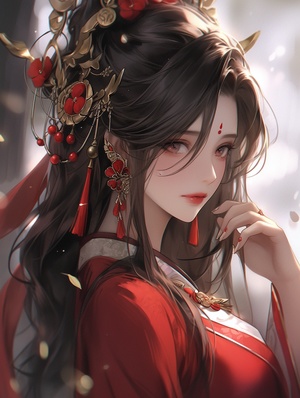 1girl,,artist_name,,black_hair,,chinese_clothes,,crown,,earrings,,jewelry,,lips,,long_hair,,looking_at_viewer,,petals,,solo,,upper_body