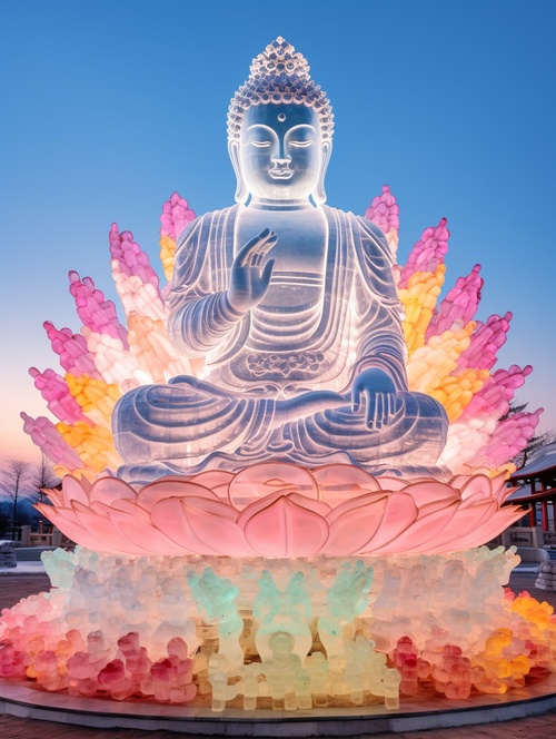 The,large,Maitreya,Buddha,in,the,Chinese,skyline,is,lit,by,colorful,lamps,,in,the,style,of,a,dynamic,frost-ceramic,sculpture,,pointilist,optical,illusion,,sunlight,shining,on,it,,online,sculpture,,Ricoh,R1,,camera,thrash,,flowing,line,-ar,57:128