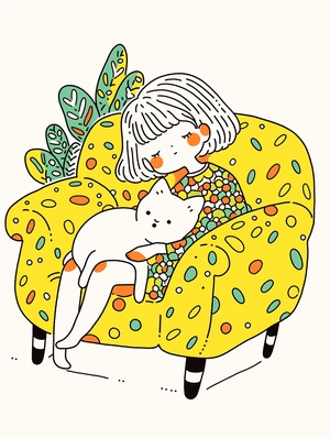 Cute Girl and Cat: Keith Haring Style Doodle